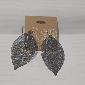 Gold and Grey Filigree Leaf Earrings